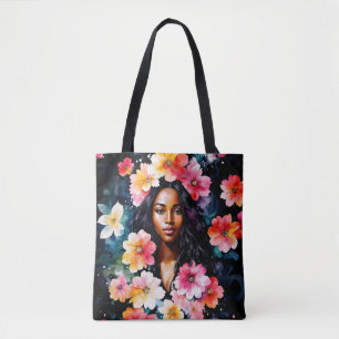 Bolsa Tote Arte Floral de Mulher Negra