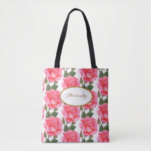 Bolsa Tote Arte Floral de Rosas Rosa Grandes Personalizadas