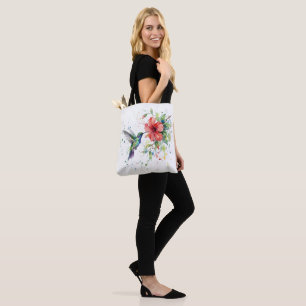 Bolsa Tote Arte Floral em Aquarela de Beija-flor Colorido da