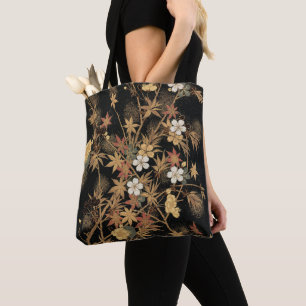 Bolsa Tote Arte Floral Outonal em Preto Dourado Japonês Vinta