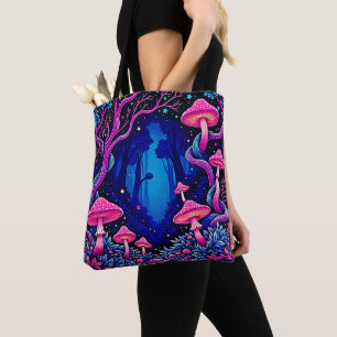 Bolsa Tote Arte Floresta de Cogumelo Rosa Neon