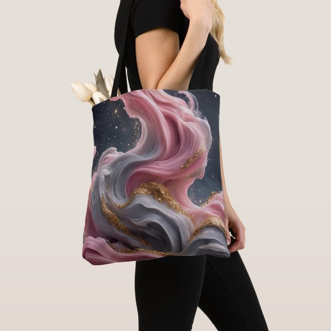 Bolsa Tote Arte Fluida Abstrata Rosa Cinza Dourado (Close Up)