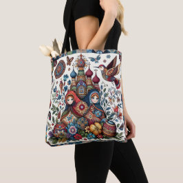 Bolsa Tote Arte Folclórica Russa Babushka Boho Chic Fashion