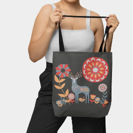 Bolsa Tote Arte Foliar Escandinava Deer Bird Natureza Floral