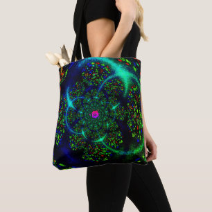 Bolsa Tote Arte Fractal Cósmica Neon Verde Preto