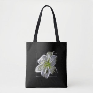 Bolsa Tote Arte Fractal de Lírio Branco Deslumbrante Preto