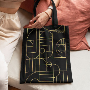 Bolsa Tote Arte Geométrica Moderna Deco Faux Dourado/Preto