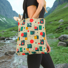 Bolsa Tote Arte Geométrica Vermelha e Verde com Círculos e Qu