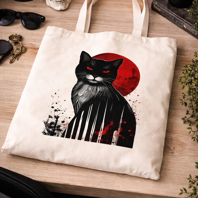 Bolsa Tote Arte Gótica de Gato Preto com Lua Vermelha (Criador carregado)