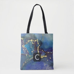 Bolsa Tote Arte Líquida Monograma Roxo Azul Turquesa e Dourad