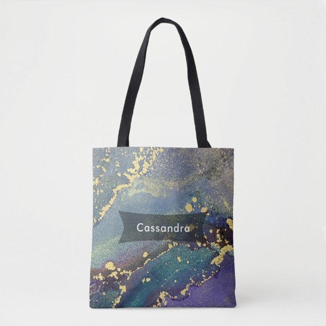 Bolsa Tote Arte Líquida Roxa, Teal e Dourada Abstrato (Frente)