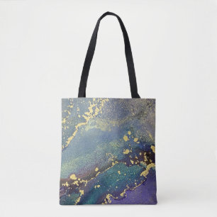 Bolsa Tote Arte Líquida Roxa, Teal e Dourada Abstrato