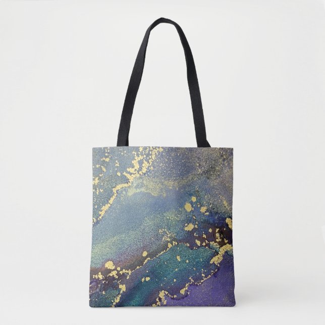 Bolsa Tote Arte Líquida Roxa, Teal e Dourada Abstrato (Frente)