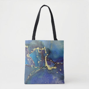 Bolsa Tote Arte Líquido Abstrato Roxo Azul Turquesa e Dourado