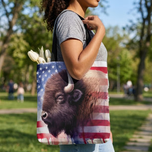 Bolsa Tote Arte Magnífica de Bisonte Americano e Bandeira Pat