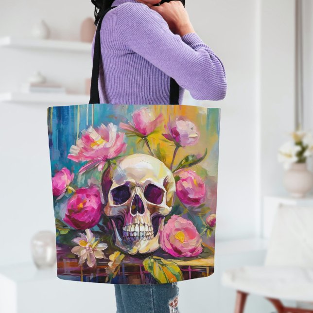 Bolsa Tote Arte Moderna Ainda Vida Abstrato crânio e flores (Criador carregado)