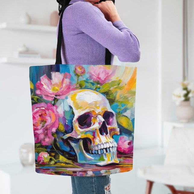 Bolsa Tote Arte Moderna Ainda Vida Abstrato crânio e flores (Criador carregado)