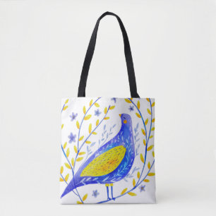 Bolsa Tote Arte Moderna de Pássaro Azul e Amarelo em Aquarela