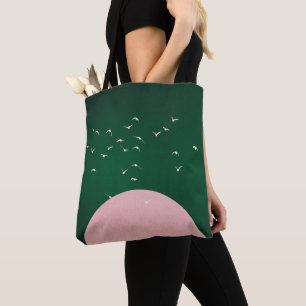 Bolsa Tote Arte Moderna Lua Rosa Minimalista com Pássaros