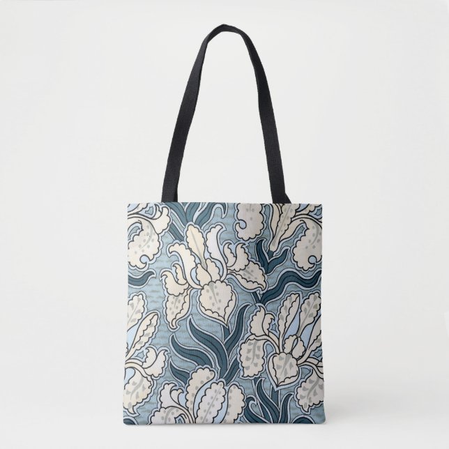 Bolsa Tote Arte Nova Antiga, Flores de Íris de Jardim Azul (Frente)
