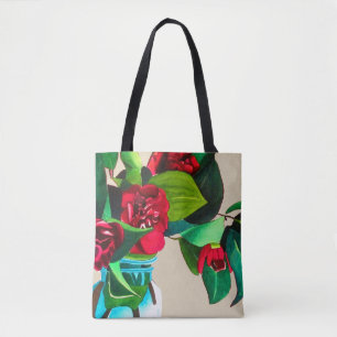 Bolsa Tote Arte original vermelha camellia flores aquarela
