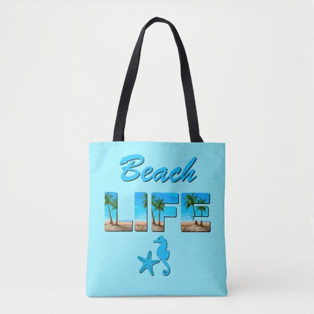 Bolsa Tote Arte Palavra da Vida na Praia com Areia e Palmeira (Frente)