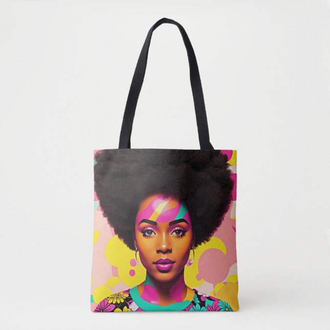 Bolsa Tote Arte Pop colorida da mulher negra afro (Frente)