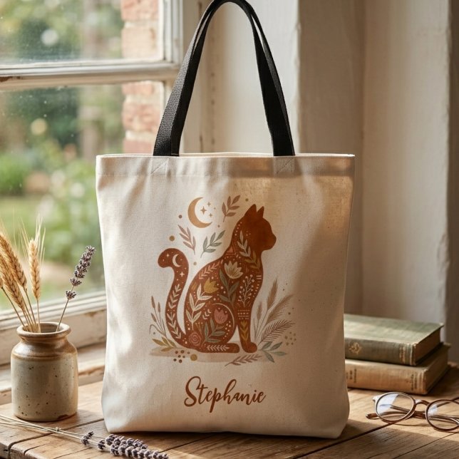Bolsa Tote Arte Popular de Gatos – Presente da Mamãe Felina C (Folk Art Floral Cat Tote Bag)