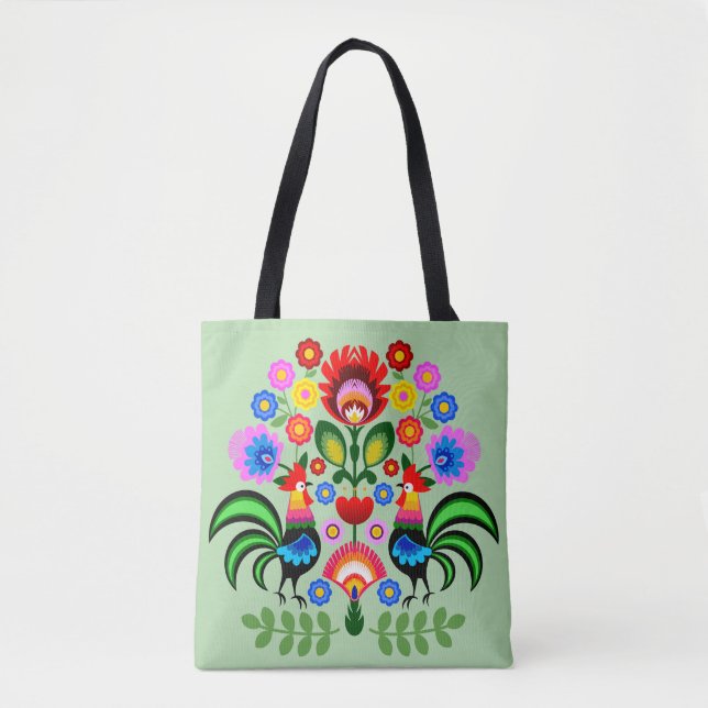 Bolsa Tote Arte popular polonesa - padrão dos bordados florai (Frente)