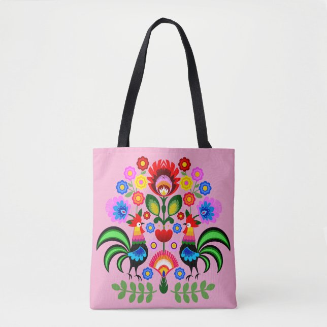 Bolsa Tote Arte popular polonesa - padrão dos bordados florai (Frente)