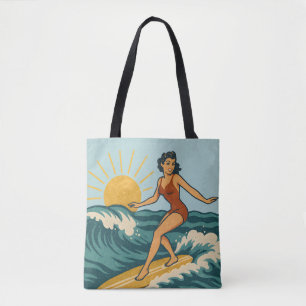 Bolsa Tote Arte Retro de Pin-Up Surfista da Costa   Praia de 