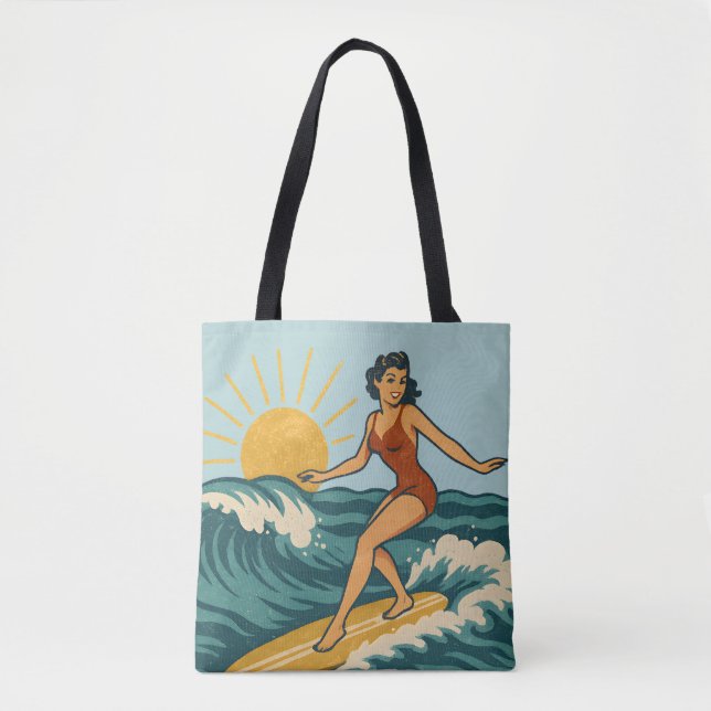 Bolsa Tote Arte Retro de Pin-Up Surfista da Costa | Praia de  (Frente)