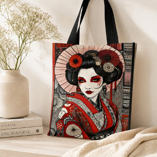 Bolsa Tote Arte Vermelho Preto Gótico Inspirado em Geisha Jap