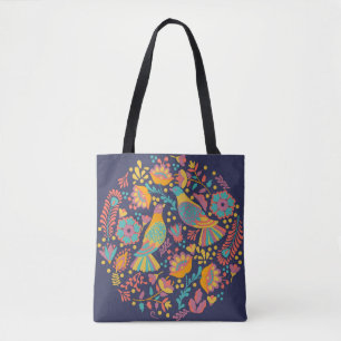 Bolsa Tote Artesanato Mexicano Colorido Aves e Flores Azul