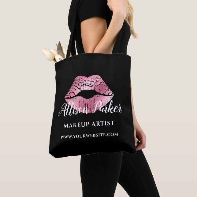 Bolsa Tote Artista de maquiagem de Lábios de Beijo Rosa Preto (Close Up)