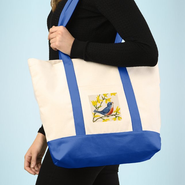 Bolsa Tote Árvore azul de pássaro cante bonito (Singing blue red bird on branch with pretty yellow flowers on white and blue tote bag.)
