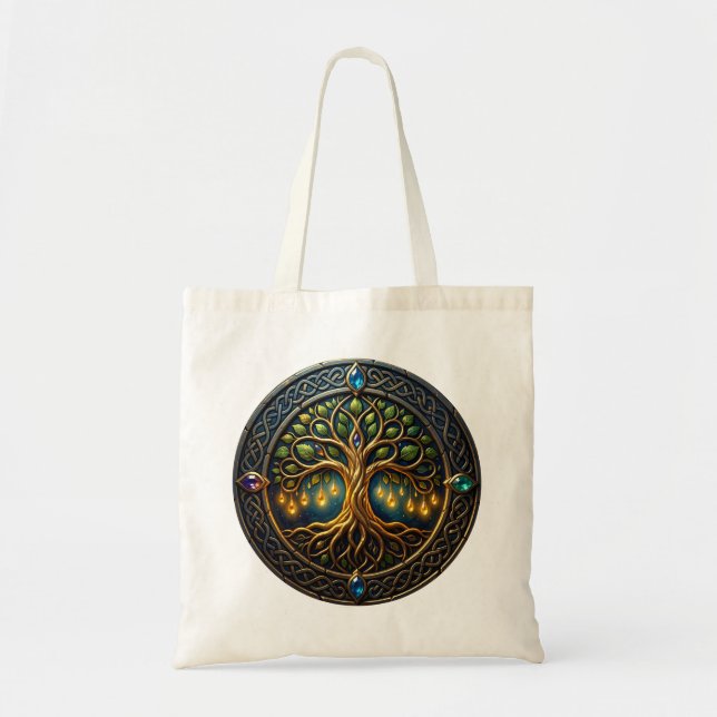 Bolsa Tote Árvore Celestial de Luz Árvore Celta de Ouro da Vi (Frente)