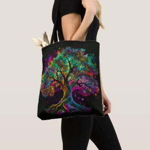 Bolsa Tote Árvore Colorida do Arco-Íris com Vagalumes Arte Mo