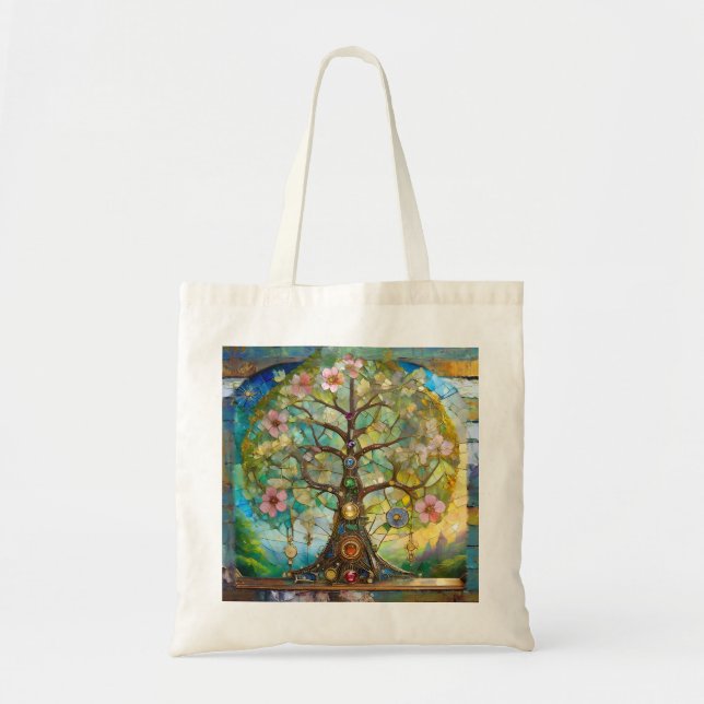 Bolsa Tote Árvore Da Vida Em Flor Dos 7 Chakras (Frente)