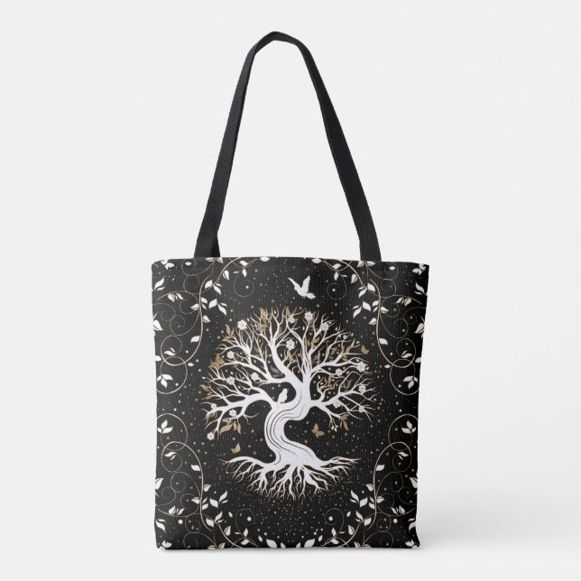 Bolsa Tote Árvore da vida - Yggdrasil - branco preto e ouro (Verso)