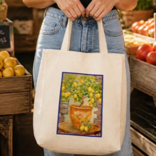 Bolsa Tote Árvore de limão mediterrânea em aquarela rústica