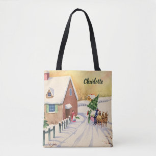 Bolsa Tote Árvore de Natal Antiga em uma Estrada de Inverno N