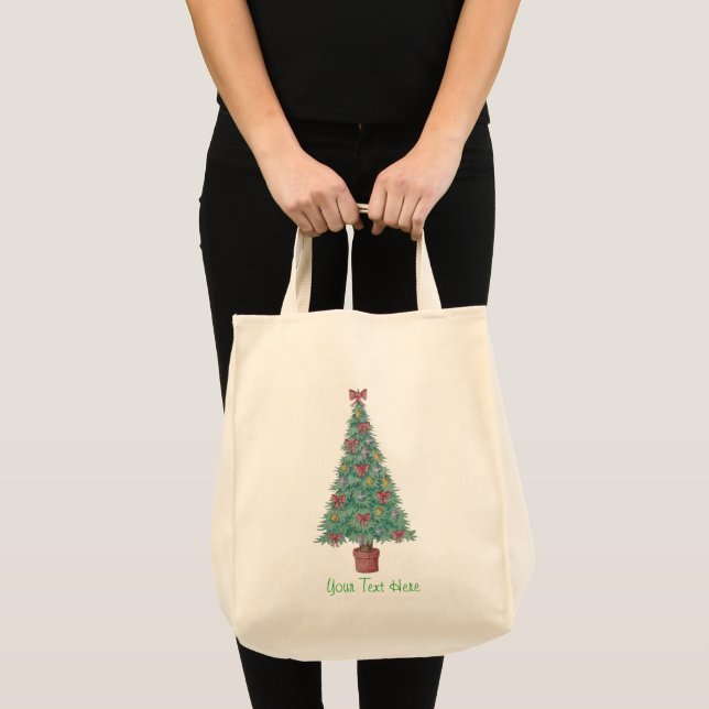 Bolsa Tote Árvore de Natal com arcos vermelhos (Frente (produto))
