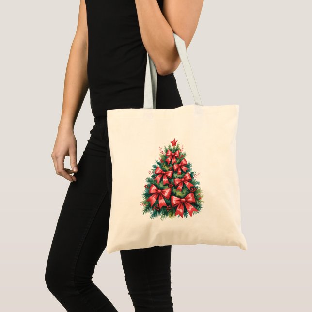Bolsa Tote Árvore de Natal Com Laços Vermelhos Festivo Natali (Frente (produto))