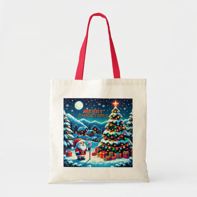 Bolsa Tote Árvore de Natal de 8 bits e Papais noeis (Frente)