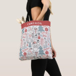Bolsa Tote Árvore de Natal de Papais noeis Brancos Bons Perso<br><div class="desc">Esta bolsa de Natal bonitinha apresenta um divertido padrão caprichoso de ilustrações de Papais noeis,  árvores,  e apresenta-se em rosa,  vermelho e chato.</div>