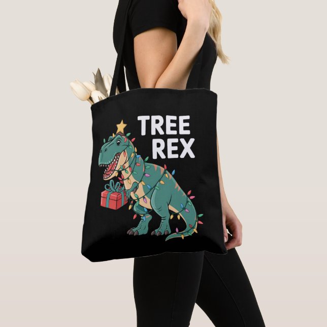 Bolsa Tote Árvore de Natal Dinossauro Rex Pajamas Luzes de Na (Close Up)