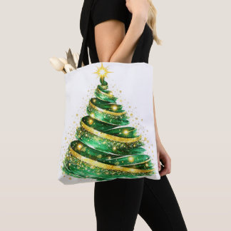 Bolsa Tote Árvore de Natal em Redemoinho Dourado Verde Esmera