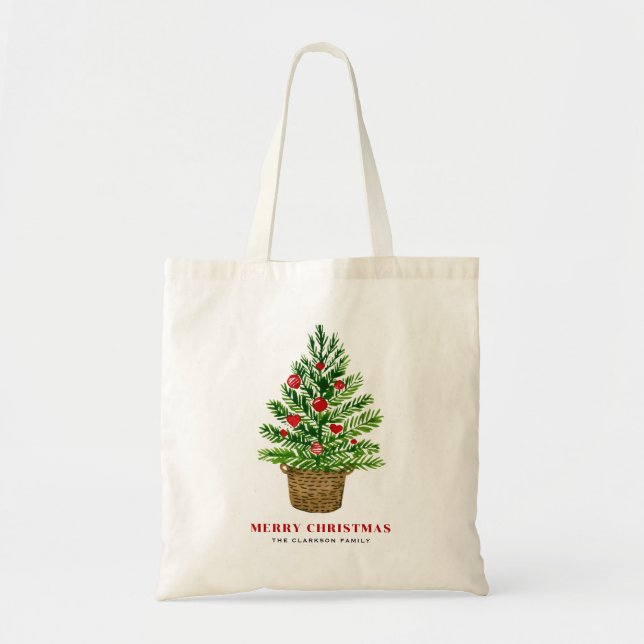 Bolsa Tote Árvore de Natal em uma Cesta de Vime no Natal (Frente)