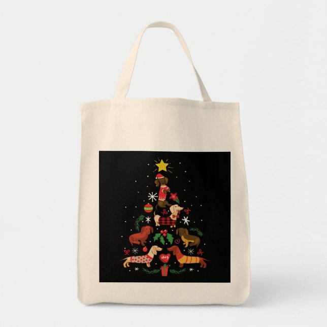 Bolsa Tote Árvore de Natal Engraçado Dachshund (Frente)
